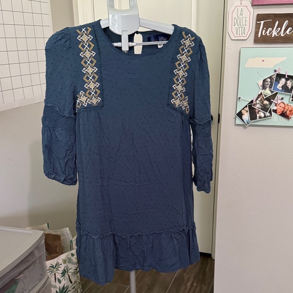 Blue Rain BoHo Teal Dress with Gold Embellishments